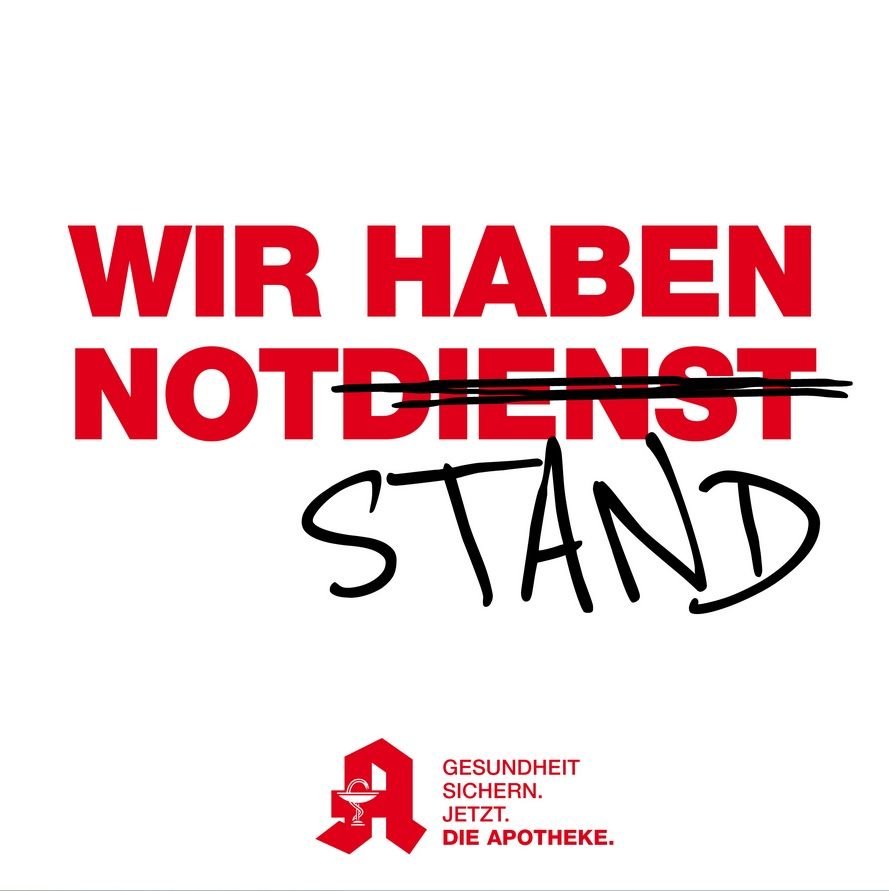 Text WIR HABEN NOTDIENST Dienst durchgestrichen und STAND in Handschrift darunter geschrieben
